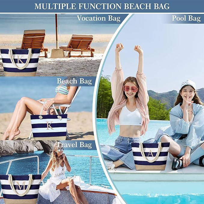 YOOLIFE Initial Canvas Waterproof Beach Tote Bag Zipper Personalized Gifts - Image 3