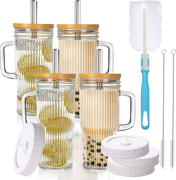 24oz Ribbed Glass Tumbler With Handle,4Pack Glass Cup with Lids and Straws,Reusable Glass Iced Coffee Cups With lids,Mason Jar Cup&Drinking Glasses for Smoothie,Shake,Juice,Soda Water,Tea,Travel Cup by 24ozRibbedGlassCup