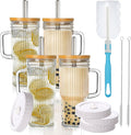 24oz Ribbed Glass Tumbler With Handle,4Pack Glass Cup with Lids and Straws,Reusable Glass Iced Coffee Cups With lids,Mason Jar Cup&Drinking Glasses for Smoothie,Shake,Juice,Soda Water,Tea,Travel Cup by 24ozRibbedGlassCup