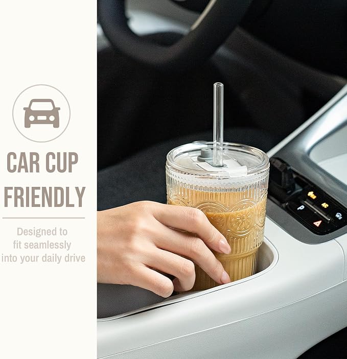 SoulTimes 20oz Ribbed & Floral Glass Tumbler Set of 2 – Reusable Glass Cups with Lid and Glass Straw, Iced Coffee Cups for Water, Smoothie, Milk, Cocktail & More – Perfect for Daily Use & Travel - Image 8