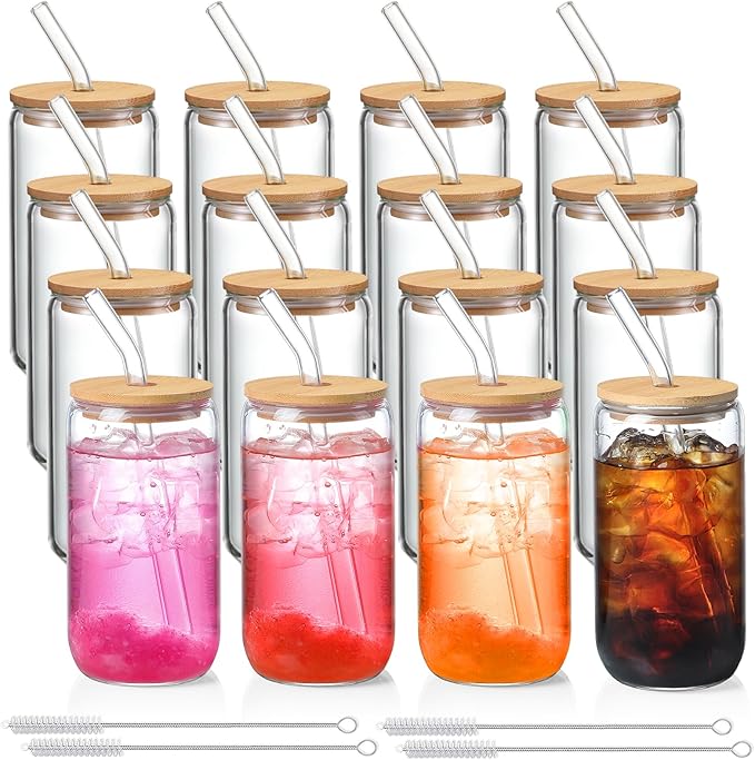 16 Pack Glass Cups with Lids and Straws 16 oz, Personalized Customizable Glasses for Gift, Business, Drinking glasses set, Iced Coffee Cup, Cute Aesthetics Tumbler for Tea, Homemade Drinks by NETANY