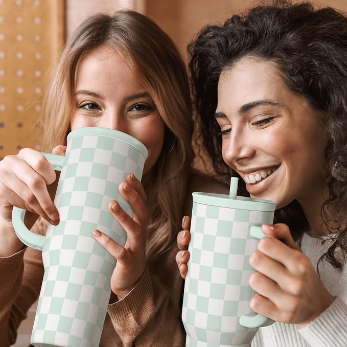 Checkered Tumbler with Handle 40oz, Mint Checker Cup Stainless Steel Insulated Tumblers Coffee Travel Mug Cups with Straw, Gifts for Women Girls Teen Birthday Christmas - Image 7