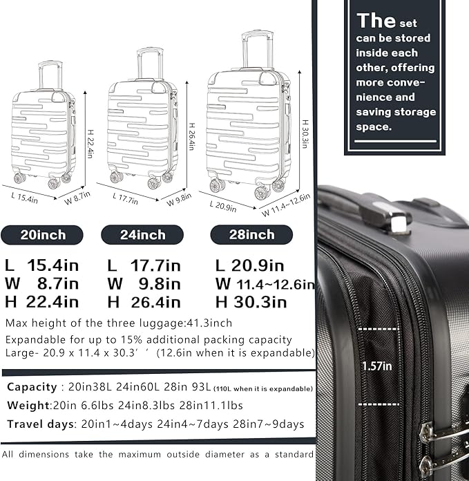 Coolife Luggage Expandable Suitcase 3 Piece Set - Image 7