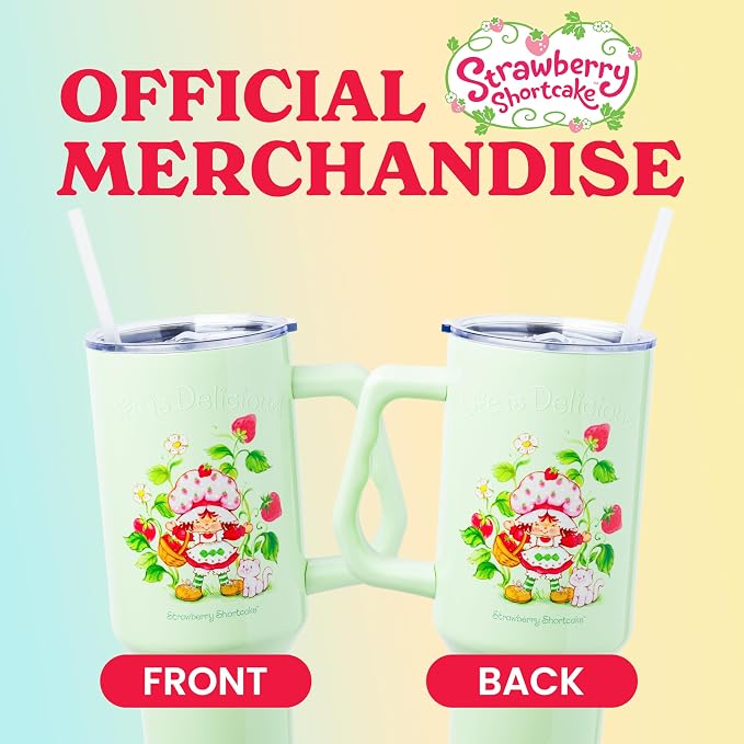 Silver Buffalo Strawberry Shortcake and Custard “Life is Delicious!” Double Walled Stainless Steel Tumbler with Handle, Fits in Standard Cup Holder, 40 Ounces - Image 5