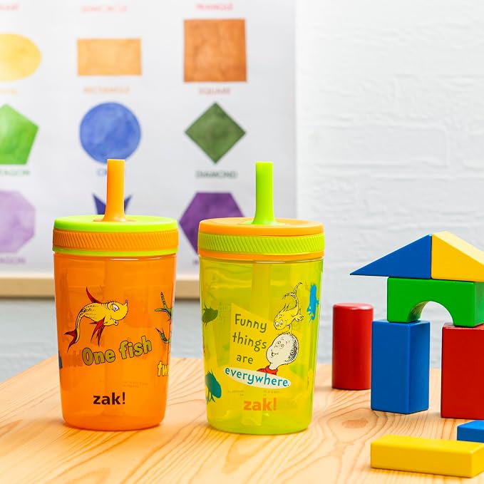 Zak Designs Dr. Seuss Kelso Toddler Cups For Travel or At Home, 15oz 2-Pack Durable Plastic Sippy Cups With Leak-Proof Design is Perfect for Kids (One Fish, Two Fish) - Image 3
