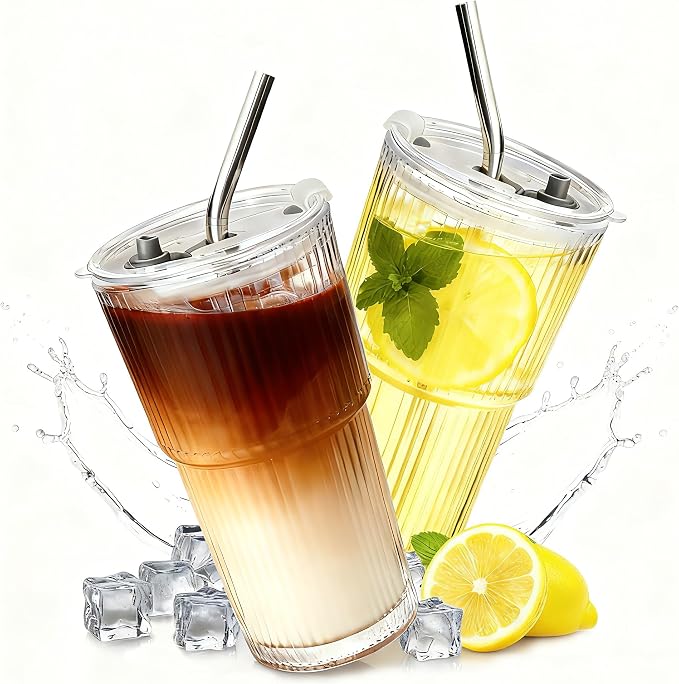 2 Packs Ribbed Glass Tumbler with Lid and Straw 16 oz Cute Ice Coffee Cup Set for Smoothie Juice Matcha Tea Latte Cappuccino Espresso Hot Coffe Water Reusable Clear Travel Mug Aesthetic Drinking Mug by Unknown