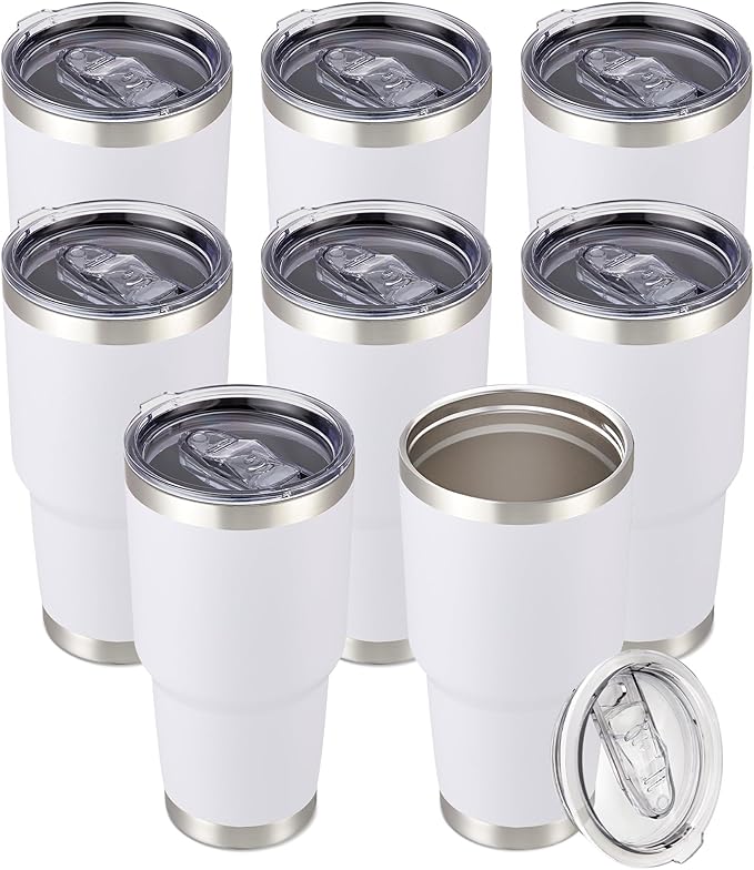 30 oz Tumbler with Lid Stainless Steel Tumblers Bulk Vacuum Insulated Cup Reusable Powder Coated Travel Mug Double Wall Leak Proof Cups Keep Cold Drinks for 12 Hours White, Set of 8 by CoolYoleb