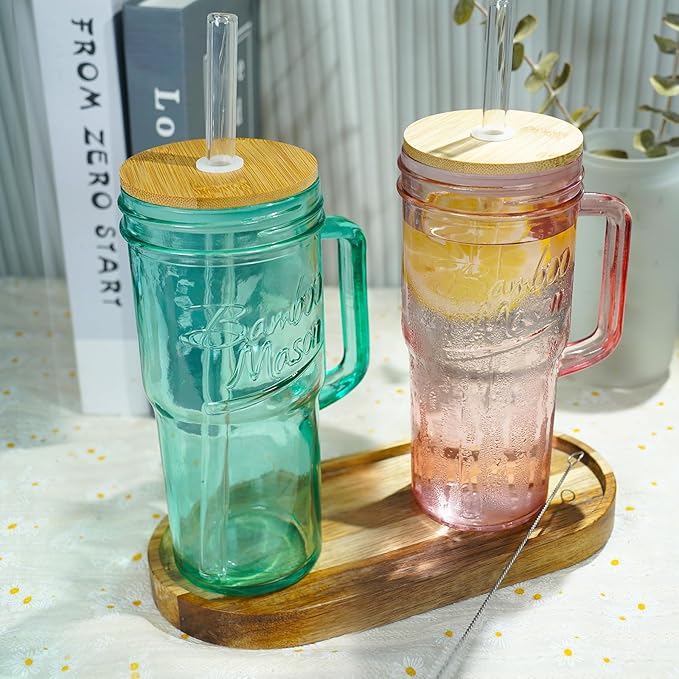 ANOTION Colored Glass Cups with Handle Set of 4, 24oz Glass Cups with Lids and Straws Travel Coffee Mug Bamboo Mason Jar Iced Cup Smoothie Tea Clear Cute Water Drinking Jars Glasses - Image 4