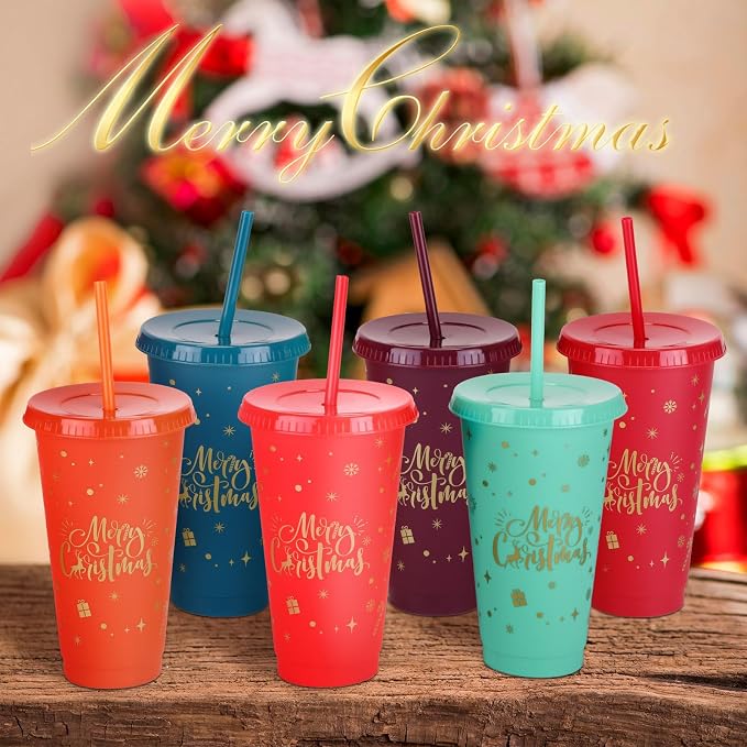 Honeydak 50 Pcs 24oz Christmas Cup Tumbler with Straw and Lid, Bulk Christmas Gifts, Holiday Reusable Plastic Cups, Water Bottle, Iced Coffee Travel Mug Cup for Party - Image 2