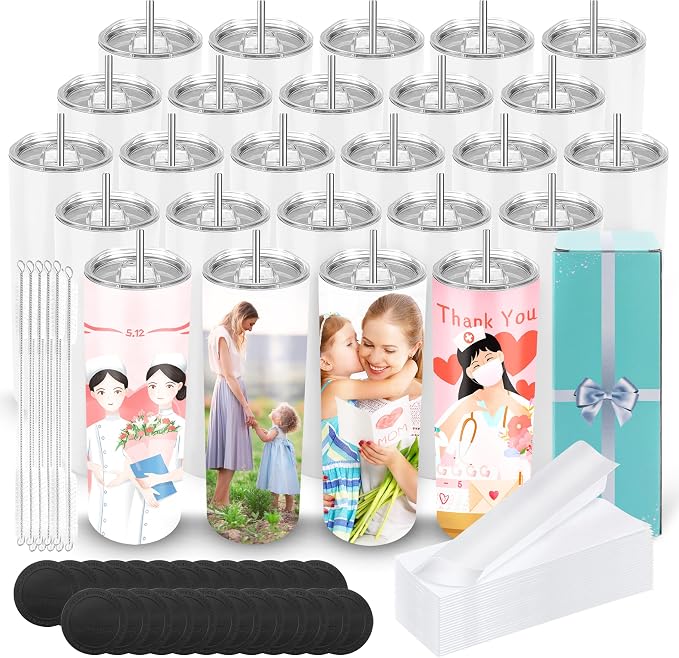 D·S 25 Pack Sublimation Tumblers Bulk 20 oz Skinny Straight Flat Bottom Blank Tumbler Cups with Individual Gift Boxed for Heat Transfer DIY Craft by D%C2%B7STUMBLER