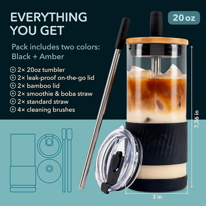 Pandaloo® Glass Cups With Lids and Straws -20 Fl Oz- Perfect Size Iced Coffee Cup - Smoothie Cup With Bamboo Lid and On the go Lid - Glass Tumbler (2 Count (Pack of 1), Amber Sand-Black Saphir) - Image 2
