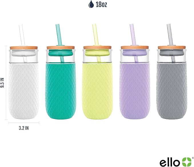 Ello Devon 18oz Glass Tumbler with Straw, Friction Fit Bamboo Wood Lid and Silicone Sleeve | Perfect for Iced Coffee, Tea, and Smoothies - Image 4