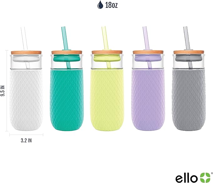 Ello Devon 18oz Glass Tumbler with Straw, Friction Fit Bamboo Wood Lid and Silicone Sleeve | Perfect for Iced Coffee, Tea, and Smoothies - Image 3