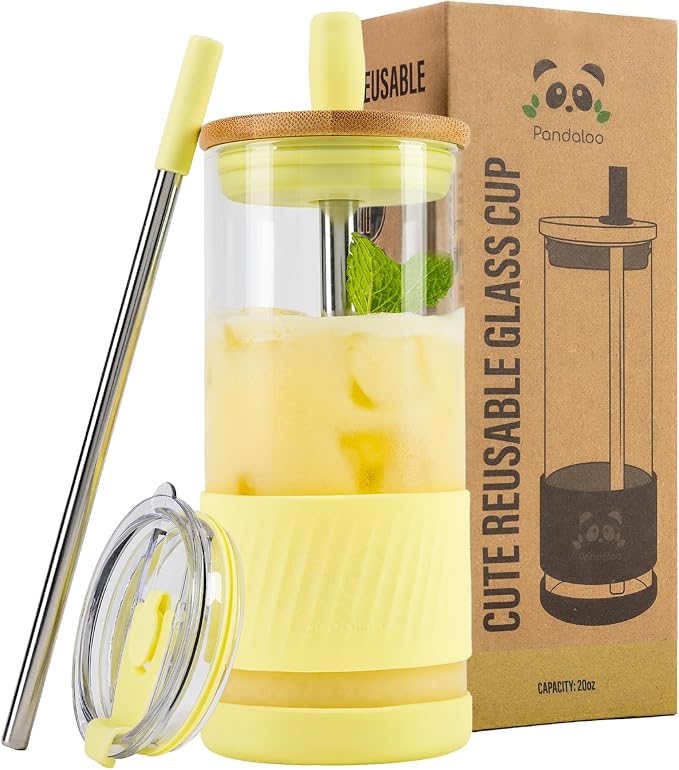 Pandaloo® Glass Cups With Lids and Straws -20 Fl Oz- Perfect Size Iced Coffee Cup - Smoothie Cup With Bamboo Lid and On the go Lid (Sunny Lime, 1 Count (Pack of 1) by Pandaloo