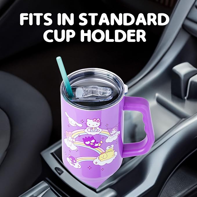 Silver Buffalo Sanrio Hello Kitty and Friends Featuring My Melody, Cinnamoroll, Kuromi, Chococat, Badtz-Maru, Keroppi, and Pompompurin Double Walled Stainless Steel Tumbler with Handle, 40 Ounces - Image 6