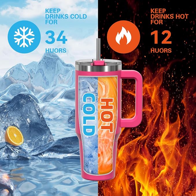 40 oz Tumbler with Handle,Tumbler with Lid and Straw,Double Wall Insulated Cup Stainless Steel Travel Mug(Cold for 34 Hours),Water Bottle for Iced Tea,Coffee,Cold Beverages(Gloss Pink) - Image 2