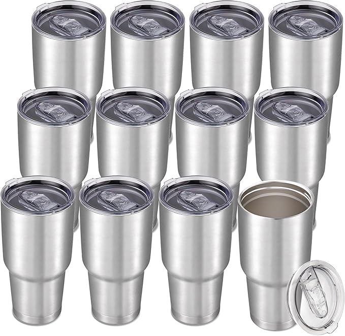 30 oz Tumbler with Lid Stainless Steel Tumblers Bulk Vacuum Insulated Cup Reusable Powder Coated Travel Mug Double Wall Leak Proof Cups Keep Cold Drinks for 12 Hours Stainless, Set of 12 by CoolYoleb