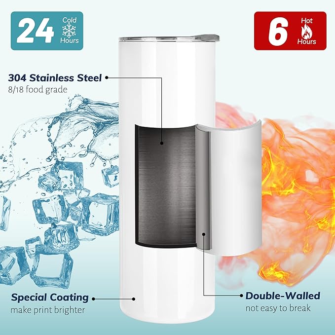 12 Pack Sublimation Tumblers 20 oz Bulk Blank Tumblers Skinny Straight Flat Bottom Cups White with Lid and Straw - Image 2
