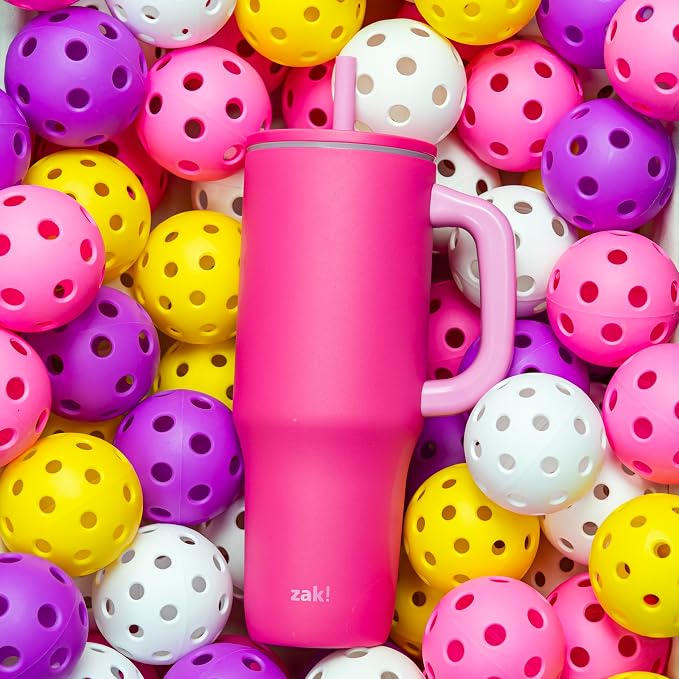 Zak Designs Sutton Travel Tumbler for On the Go, 40oz Stainless Steel with Vacuum Insulation, Silicone Straw, and Carry Handle for Cold Drinks (Razzberry Pink) - Image 8