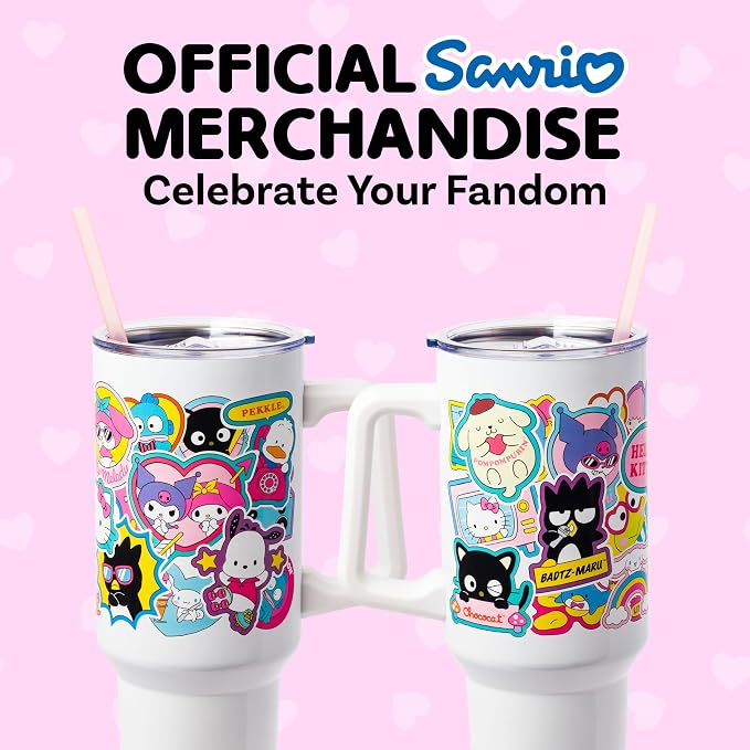 Silver Buffalo Sanrio Hello Kitty & Friends Cinnamoroll, Kuromi, Chococat, Badtz-Maru, Keroppi, Sticker Double Walled Stainless Steel Tumbler w Handle and Straw, Fits in Standard Cup Holder, 40 Ounces - Image 6