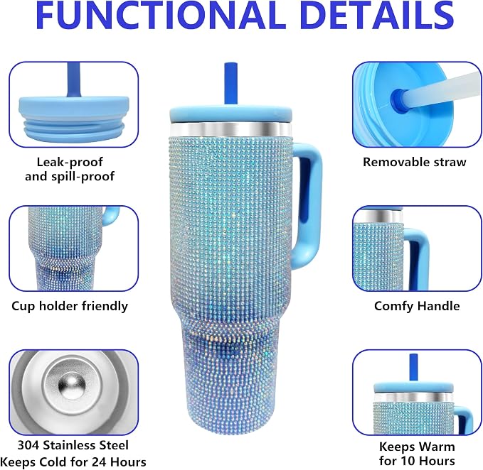 40-OZ Insulated Water Bottle,Insulated Stainless Steel Tumbler,Reusable Cold Drink Thermos,BPA-Free, Double-Wall Stainless Steel Water Bottle (Royal Blue - Diamond, 40, Fluid Ounces) - Image 3