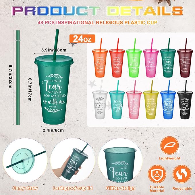 Havawish 48 Pcs Mothers Day Christian Tumbler Gift Bulk Religious Inspirational 24 oz Drinking Jesus Cup with Lid Straw Bible Verse Plastic Cup for Church Father Teacher First Communion (Colour) - Image 2