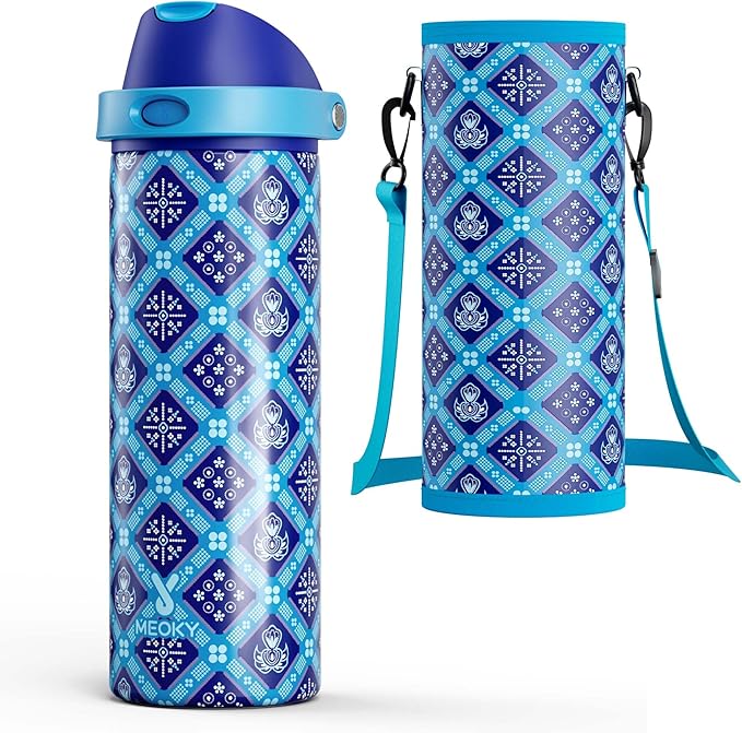 24 oz Insulated Water Bottle for Men: Meoky Stainless Steel Water Bottle with Holder and Shoulder Strap - Leak Proof, Cold for 24 Hours, Fits in Car Cup Holder, BPA-Free for Sports Travel, Blue Faith by MEOKY