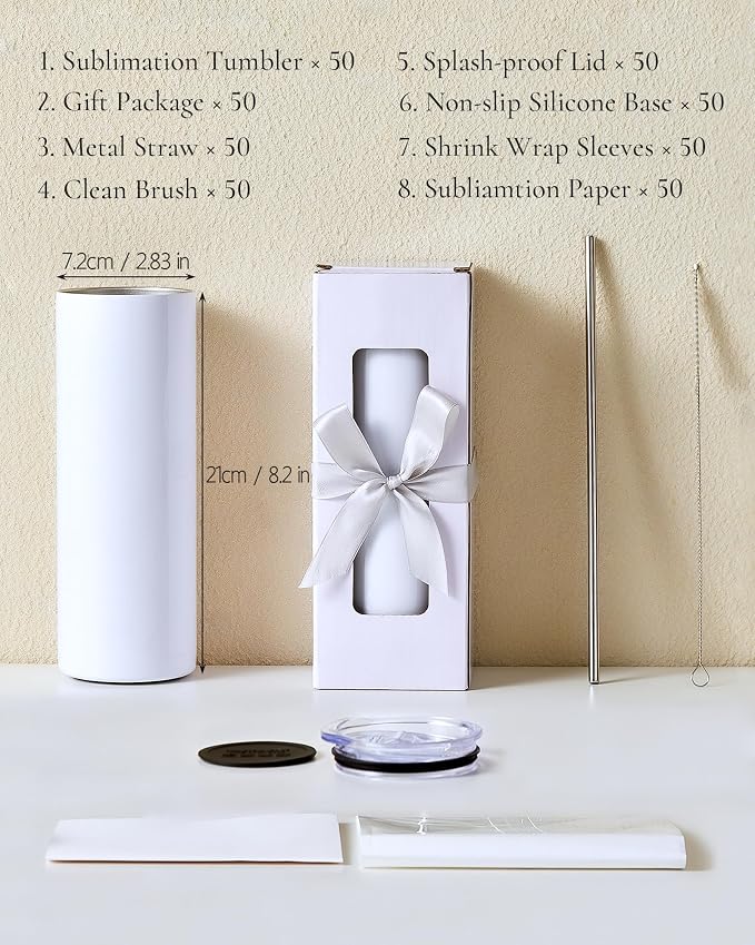50 Pack 20oz Sublimation Tumbler Blanks Skinny Straight in Bulk, Stainless Steel Insulated Sublimation Tumbler with Polymer Coating for Heat Transfer, With Lid, Straw, ribbon, Gift box - Image 2
