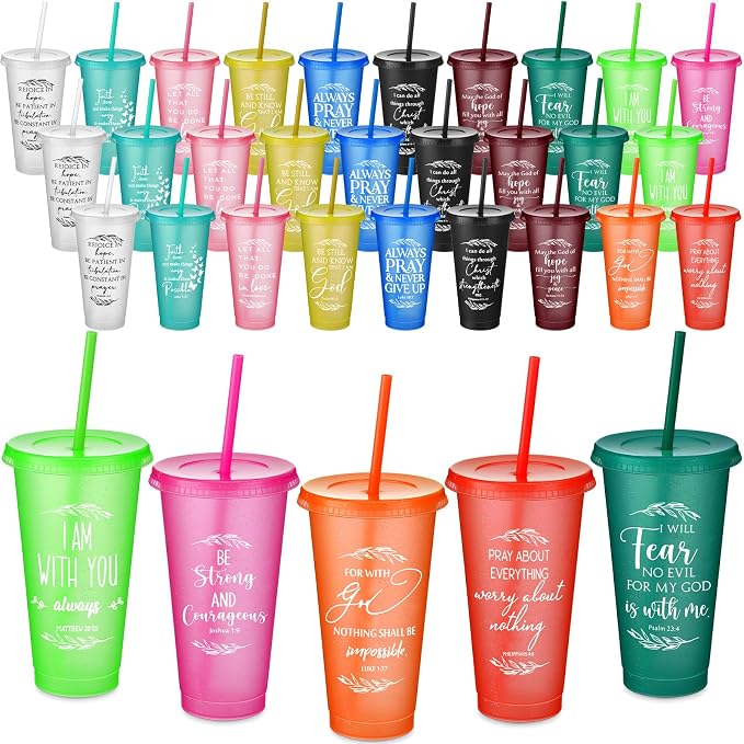Havawish 36 Pcs Mothers Day Christian Tumbler Gift Bulk Religious Inspirational 24 oz Drinking Jesus Cup with Lid Straw Bible Verse Plastic Cup for Church Father Teacher First Communion (Colour) by Havawish