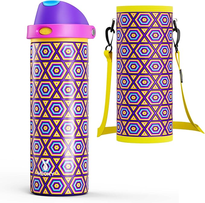 24 oz Insulated Water Bottle for Women: Meoky Stainless Steel Water Bottle with Holder and Shoulder Strap - Leak Proof, Cold for 24 Hours, Protective Silicone Base, BPA-Free for Travel Gym, Neon Beat by MEOKY