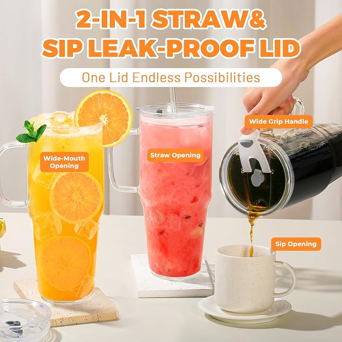 Birity 40OZ Borosilicate Glass Tumbler with Handle,Glass Cup with Lid and Straw-Reusable Iced Coffee Cup with Lid for Boba, Smoothies,Beer,Juice|Suitable for Gifts,Travel,Outdoor,Partys&Home - Image 4