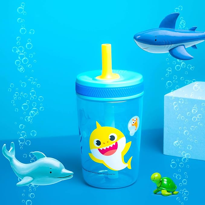 Zak Designs 15oz Baby Shark Kelso Tumbler Set, Leak-Proof Screw-On Lid with Straw Made of Durable Plastic and Silicone, Perfect Bundle for Kids (2pcs Set) - Image 3