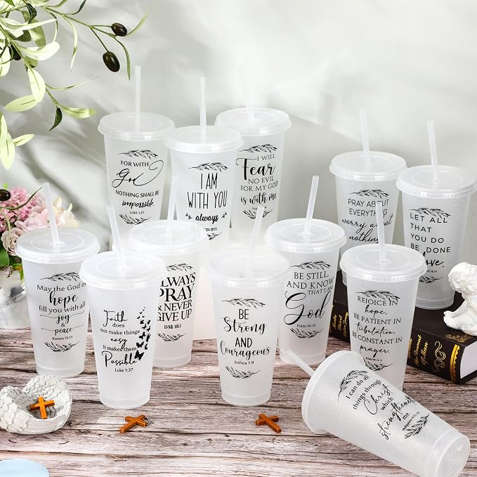 Havawish 12 Pcs Mothers Day Christian Tumbler Gift Bulk Religious Inspirational 24 oz Drinking Jesus Cup with Lid Straw Bible Verse Plastic Cup for Church Father Teacher First Communion (Clear) - Image 3