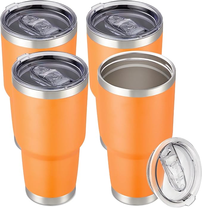 30 oz Tumbler with Lid Stainless Steel Tumblers Bulk Vacuum Insulated Cup Reusable Powder Coated Travel Mug Double Wall Leak Proof Cups Keep Cold Drinks for 12 Hours Orange, Set of 4 by CoolYoleb