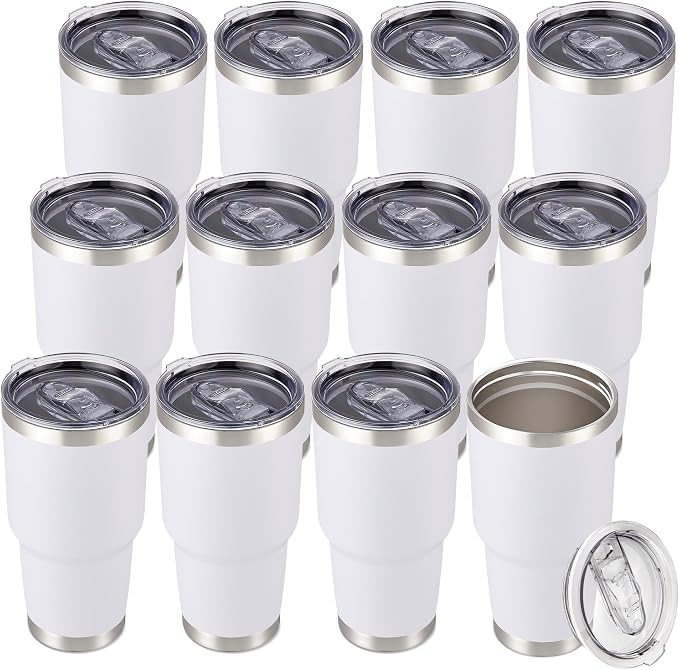 30 oz Tumbler with Lid Stainless Steel Tumblers Bulk Vacuum Insulated Cup Reusable Powder Coated Travel Mug Double Wall Leak Proof Cups Keep Cold Drinks for 12 Hours White, Set of 12 by CoolYoleb