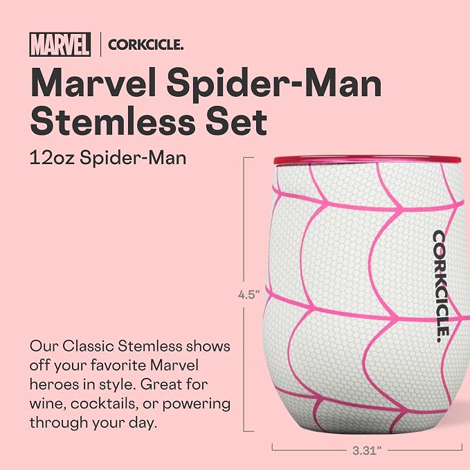 Corkcicle Stemless Insulated Wine Glass Tumbler - Beverages Cold 6 & Hot 3 Hours - Stainless Steel - Easy-Grip - Summer Drinkware Gift - Keeps Drinks Ice - 12 oz - Spider-Man - Image 2