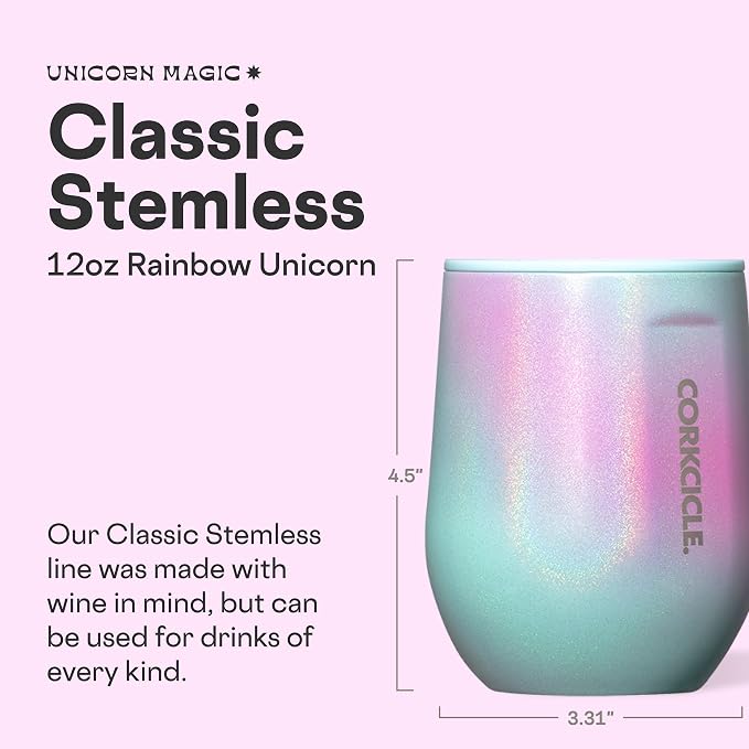 Corkcicle Stemless Wine Tumbler - Keeps Drinks Cold for 6 Hours - Triple-Insulated Stainless Steel - Non-Slip Base - Summer Drinkware Gift - Keeps Drinks Ice Cold - 12 oz - Rainbow Unicorn - Image 2
