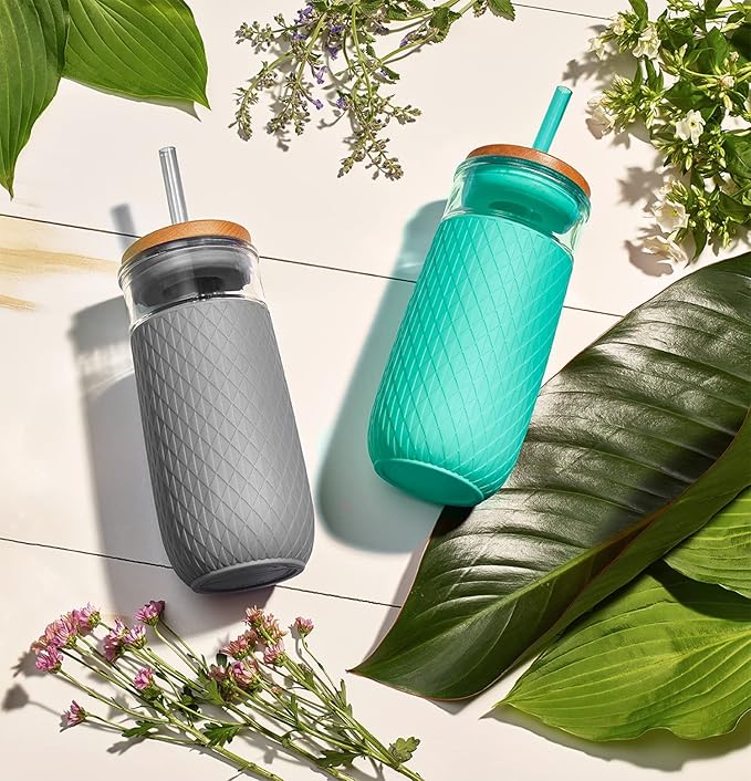 Ello Devon 18oz Glass Tumbler with Straw, Friction Fit Bamboo Wood Lid and Silicone Sleeve | Perfect for Iced Coffee, Tea, and Smoothies - Image 5