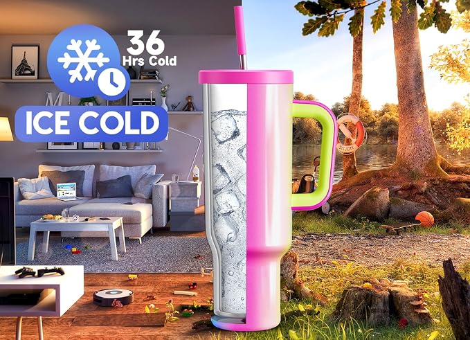 Meoky 50 oz Tumbler with Handle, Tumbler with Lid and Straw, Insulated Stainless Steel Travel Mug, 100% Leak-proof, Keeps Cold for 36 Hours or Hot for 12 Hours (Carnival) - Image 2