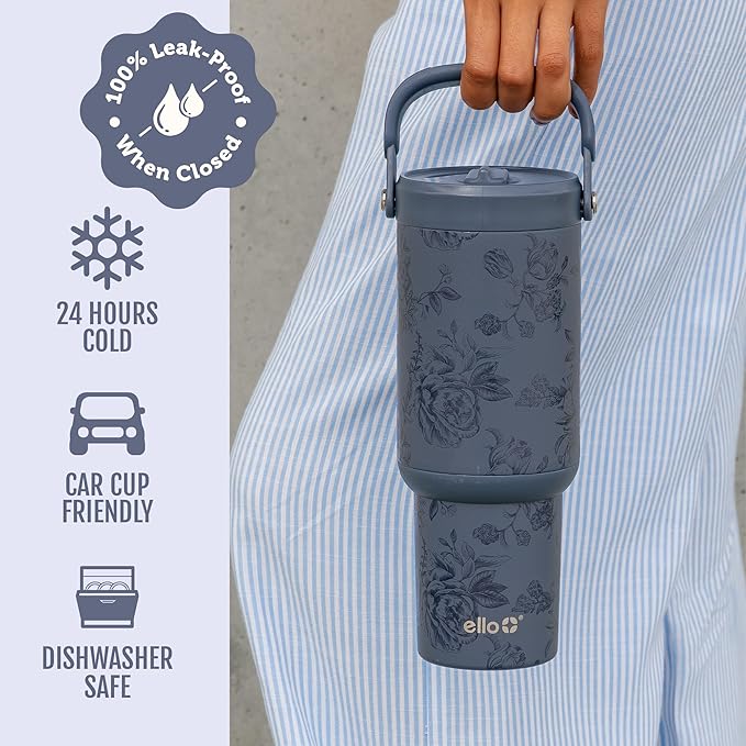 Ello Oasis Go+ 26oz Tumbler with Top Handle and Retracting Straw | Reusable Insulated Stainless Steel Cup, 100% Leakproof Water Bottle, 24 Hours Cold, Cup Holder Friendly For Travel | Rose Navy - Image 4