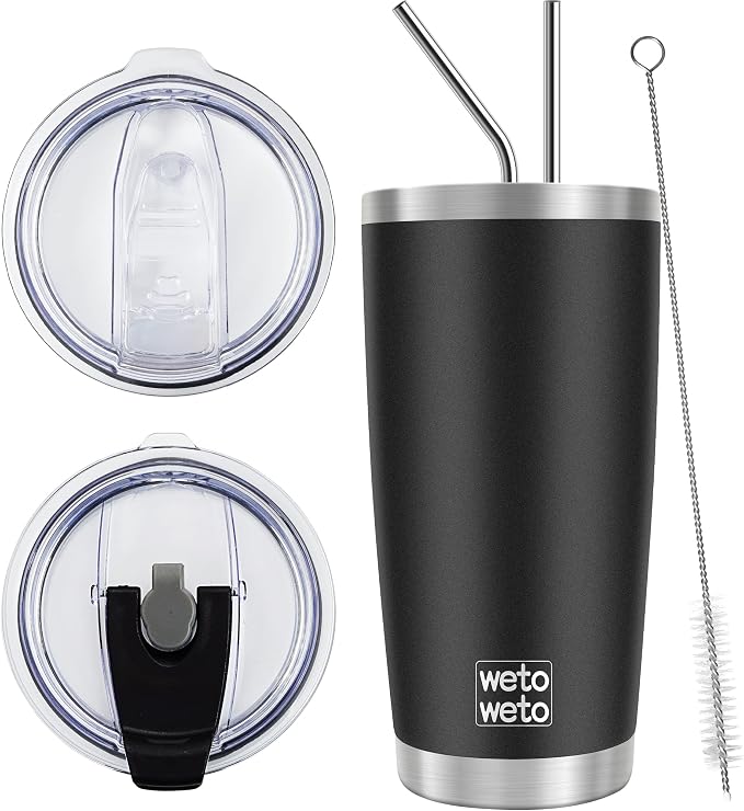 WETOWETO 20oz Tumbler with 2 lids and 2 straws, Stainless Steel Vacuum Insulated Coffee Tumbler Cup, Double Wall Powder Coated Leak-proof Travel Coffee Mug Cup (Black, 1 Pack) by Wetoweto