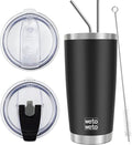 WETOWETO 20oz Tumbler with 2 lids and 2 straws, Stainless Steel Vacuum Insulated Coffee Tumbler Cup, Double Wall Powder Coated Leak-proof Travel Coffee Mug Cup (Black, 1 Pack) by Wetoweto
