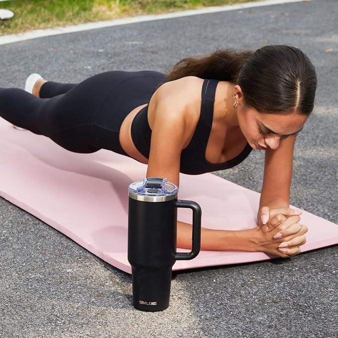 40 oz Tumbler with Handle and Straw Lid,Insulated Reusable Stainless Steel Water Bottle Travel Mug，Cupholder Friendly Double Wall Vacuum Sealed Cup (Black) - Image 5