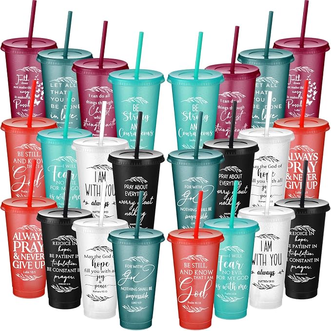 Havawish 24 Pcs Mothers Day Christian Tumbler Gift Bulk Religious Inspirational 24 oz Drinking Jesus Cup with Lid Straw Bible Verse Plastic Cup for Church Father Teacher First Communion (Joyous Color) by Havawish
