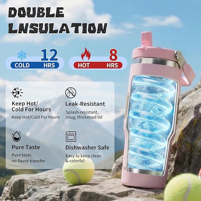 30oz Flip Straw Insulated Tumbler with Handle, Leak Proof Stainless Steel Water Bottle, Double Wall Vacuum Travel Coffee Mug for Cold Drinks, Gym Office Travel Essentials - Image 3