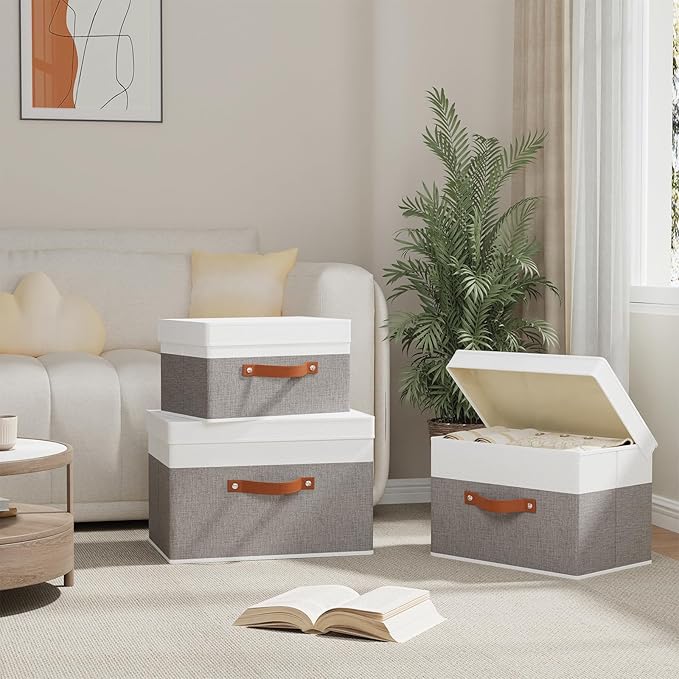 Fabric Storage Bins with Lids, 1 Pack Linen Foldable Cloth Baskets, 15 x 9.8 x - Image 3