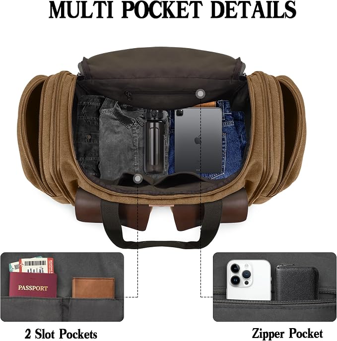 Canvas Duffle Bag for Men 60L Travel Duffel Bags Expandable Genuine Leather - Image 4