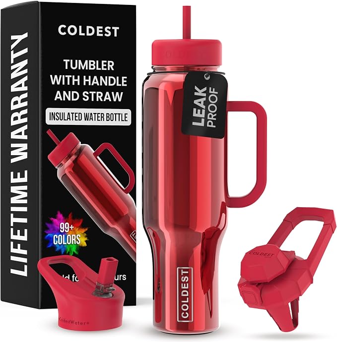 Coldest Tumbler with Handle and Straw, 100% Spill Proof Tumbler with Straw (3 Lids), Stainless Steel Insulated Leakproof Tumblers for Women Men, Cup Holder Friendly, 46 oz (Raspberry Reflections) by Coldest