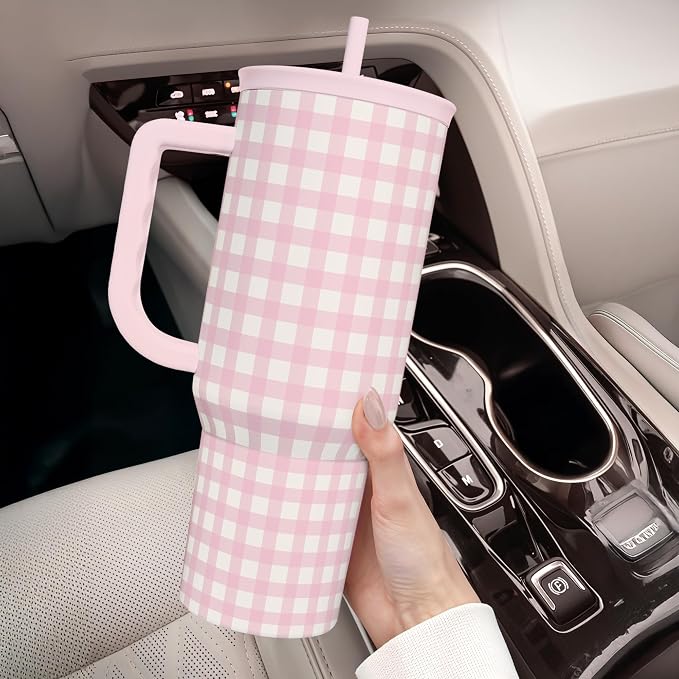 Pink Gingham 40oz Slider Tumbler with Handle and Straw - Insulated Stainless Steel Travel Coffee Mug for Women Girls, Gift for Birthday, Christmas - Image 7