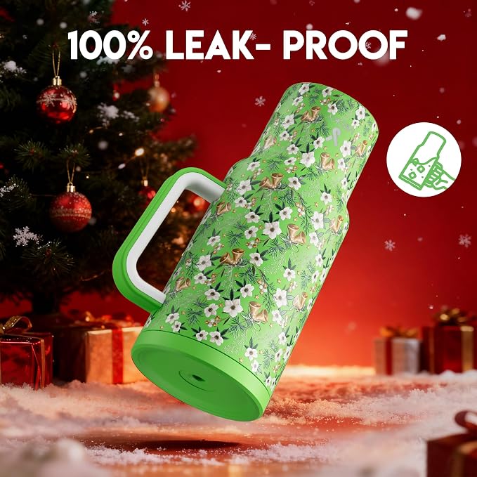 Meoky 40 oz Christmas Tumbler with Handle and Straw, Xmas Tumbler with Lid and Straw, Insulated Stainless Steel Travel Mug, Christmas Gifts for Women Men Adults (Jingle Bloom) - Image 3